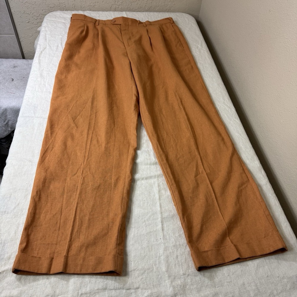 Trust Men's Linen Blend Pleated Dress Pants Chinos Relaxed 40x34* Orange Cuffed